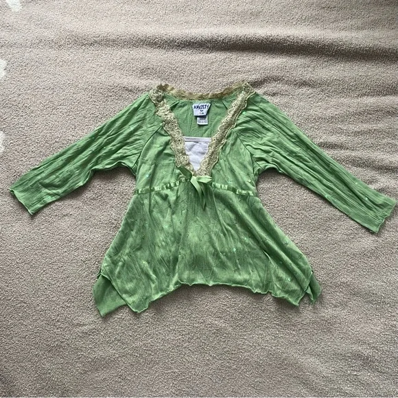 Vintage Kids Y2K boho green sequin long sleeve medium blouse - Picture 2 of 10